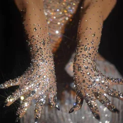 Guantes brillantes elásticos con diamantes de imitación para mujer, guantes largos de malla de cristal, perspectiva de lujo, accesorios de escenario para club nocturno