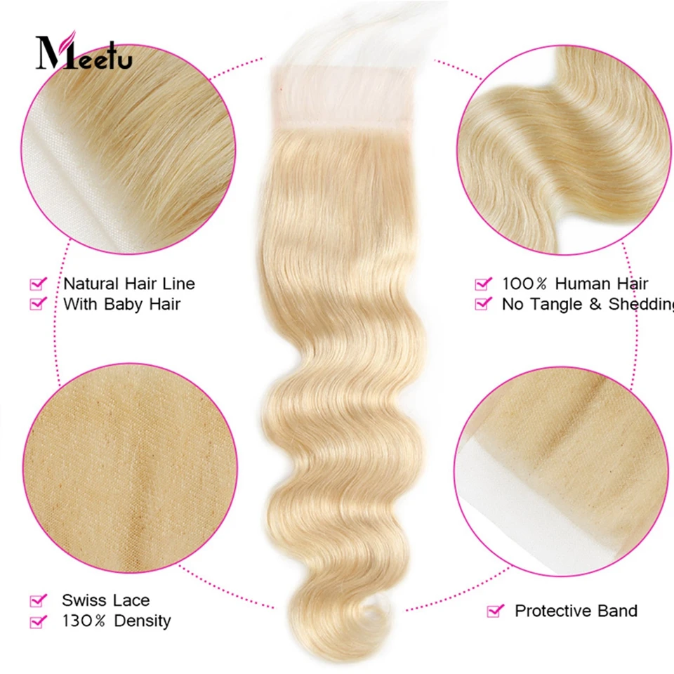 Meetu 613 Bundles with Closure Body Wave Ginger Human Hair Bundles with Closure Blonde 4x4 Inch Ombre Bundles with Closure