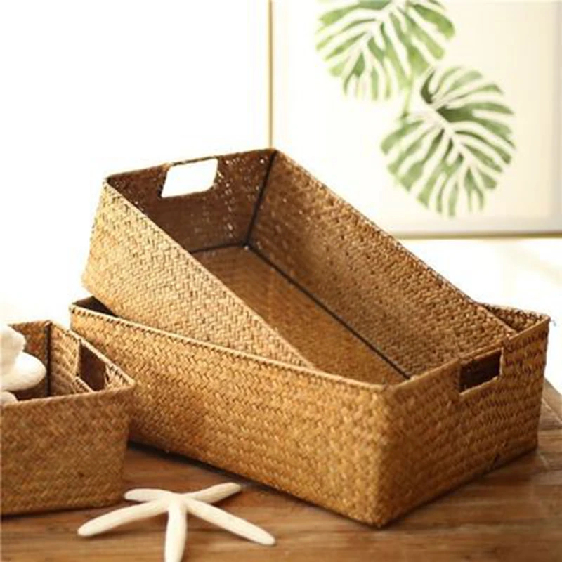 LuanQI-Wicker Rattan Storage Boxes, Rectangular Storage Basket, Rectangle, Cosmetic Gadgets, Toys Container, Home Organization