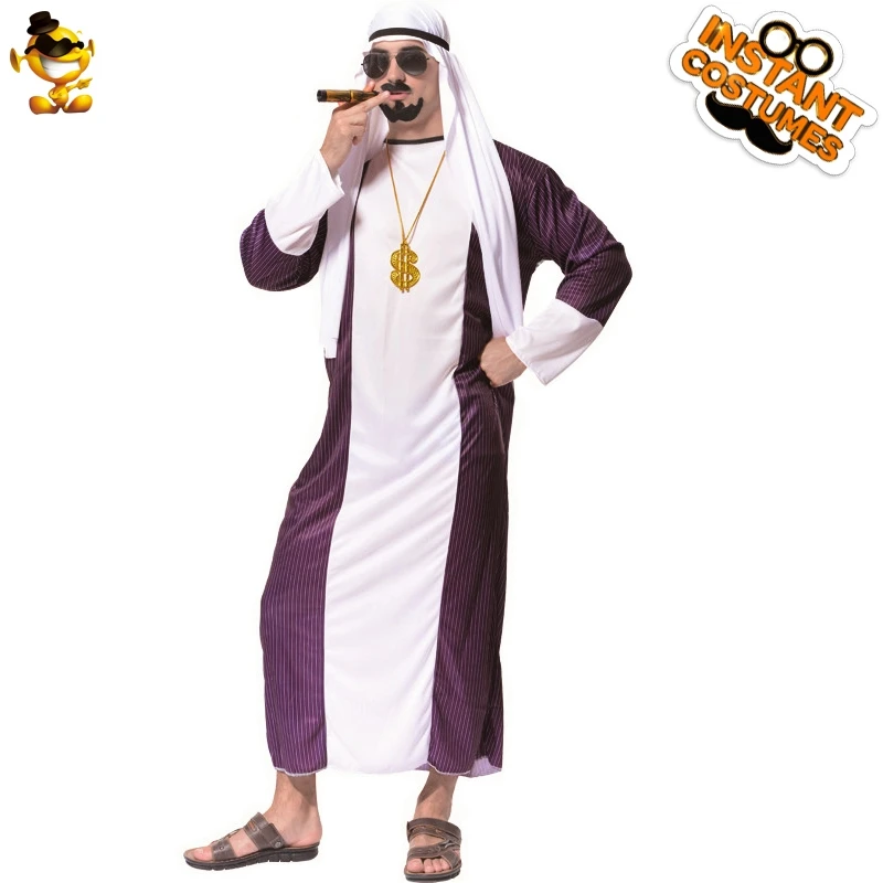 

Men Cosplay Arab Prince Sheik Halloween Fancy Dress Up Fantasia Dubai Gangster Costume With Long Tunic And Headdress For Adults