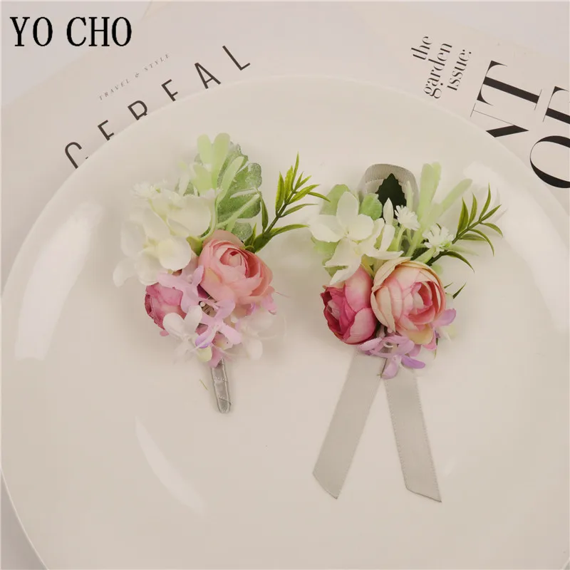 YO CHO Del Braccialetto Del Polso Damigelle D'onore Corpetti Groomsmen Fiore All'occhiello Della Ragazza di Fiori di Seta di Nozze Spilla Spilli Uomo Matrimonio Boutonniere