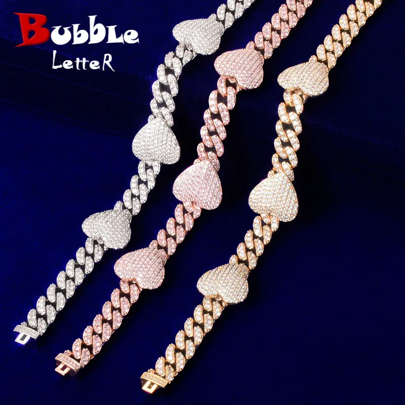 

Bubble Letter Miami Cuban Link Chain Heart Men Necklace AAAA Zirconia Charms Hip Hop Fashion Jewelry 2021 Trend Christmas Gift