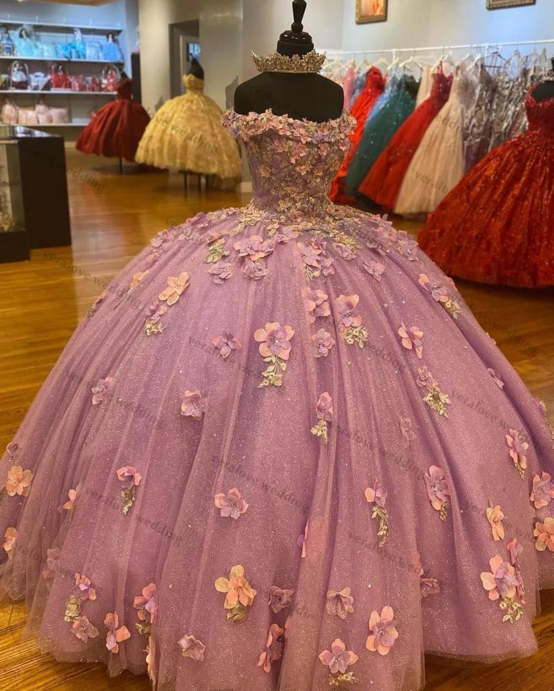 Princesa rosa mis 15 años quinceanera vestidos rendas 3d applique fora do ombro doce 16 vestidos de xv años