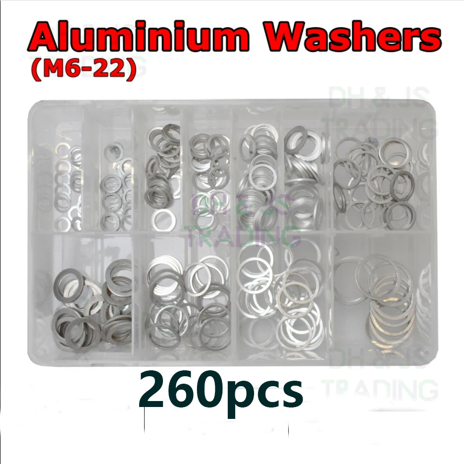 

260pcs M6-M22 Aluminum Flat Washer Box Washer Plain Washer Kit Screw Fastener Hardware Assortment Accessories