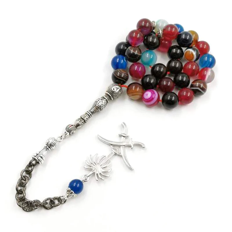 Tasbih Colored agates stone muslim bracelet gift Islam misbaha rosary Saudi flag badge Pendant 33 66 99prayer bead Saudi Fashion