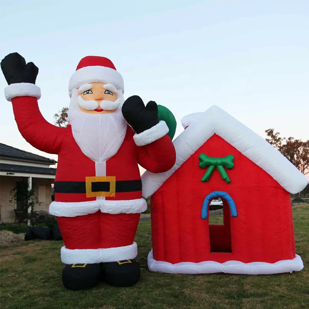 Novo design ao ar livre decoração de natal casa de natal inflável, inflável papai noel tenda, luz led santa gruta