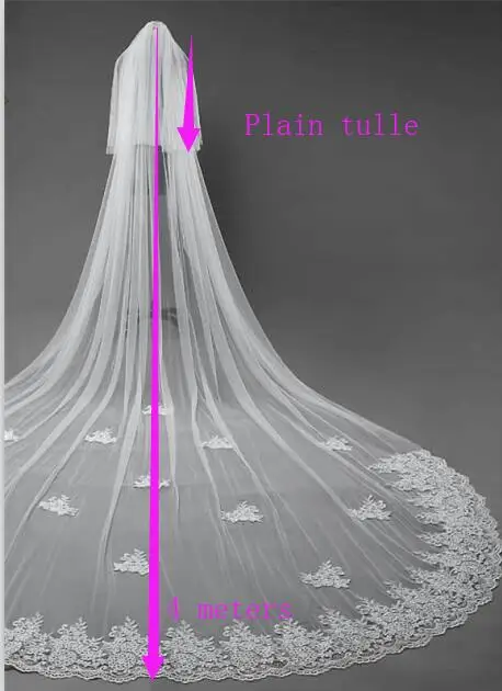 High Quality Lace Long Wedding Veil 4 Meters 2 Layers Bridal Veil with Comb White Ivory  2T 4M Veil Wedding Accessories