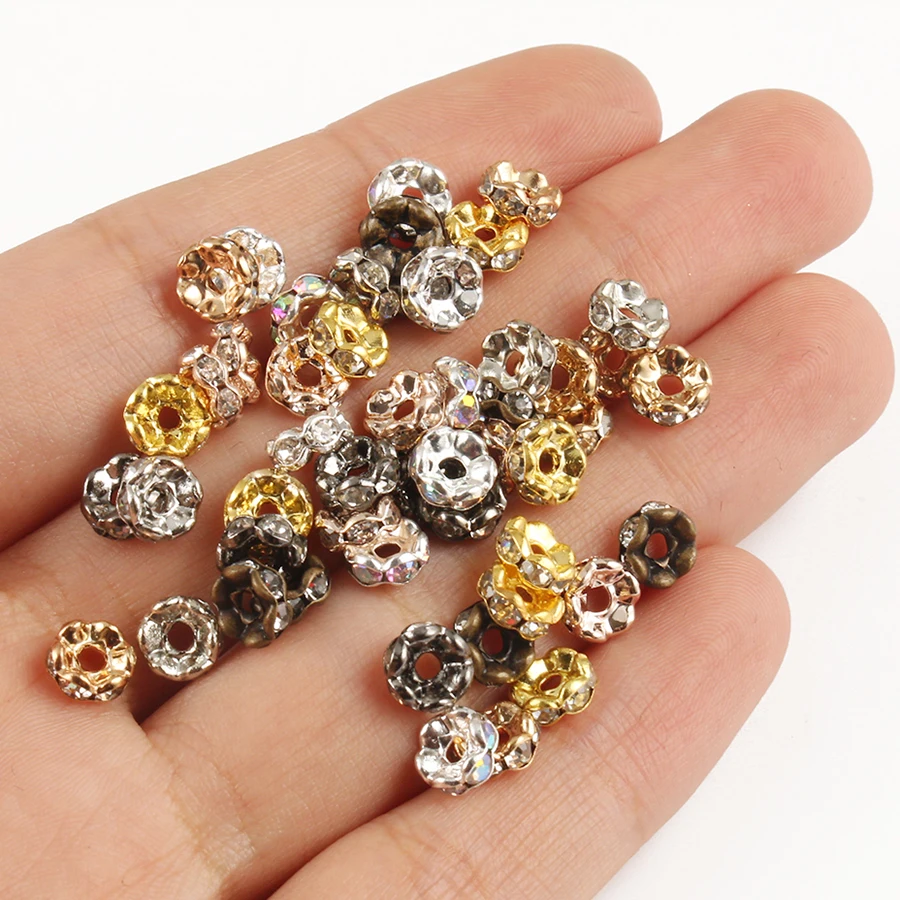 50pcs Rose Gold Color AB Rhinestone Metal Rondelles 4/6/8/10mm Crystal Loose Spacer Beads for Jewelry Making DIY Bracelet