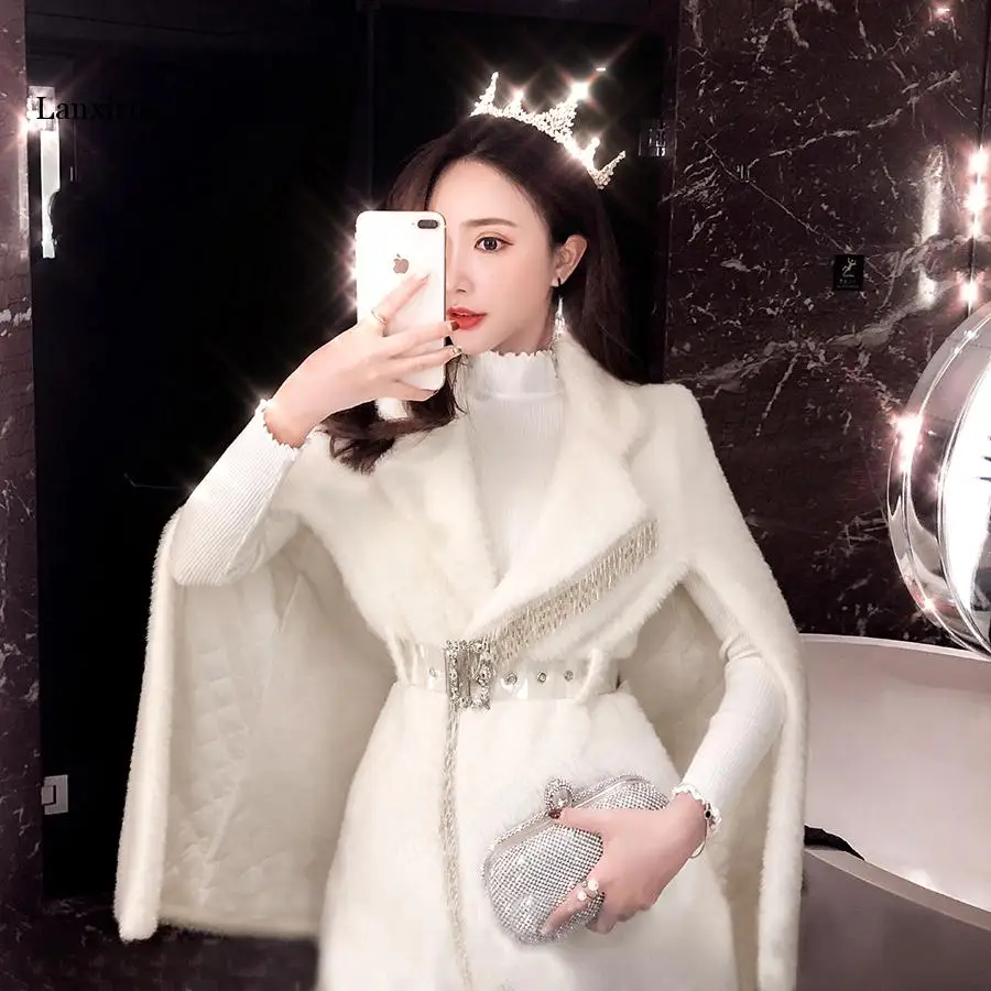 Long Coat Women Abrigos Mujer Invierno Cloak Coat Woman Autumn and Winter Mink Fringed Beaded Cloak Jacket