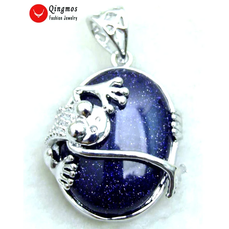 

Qingmos 25*20mm Oval Natural Blue Flash Agate Pendant Necklace for Women with Crawl Frog Design Stone Pendant 17" Cord Jewelry