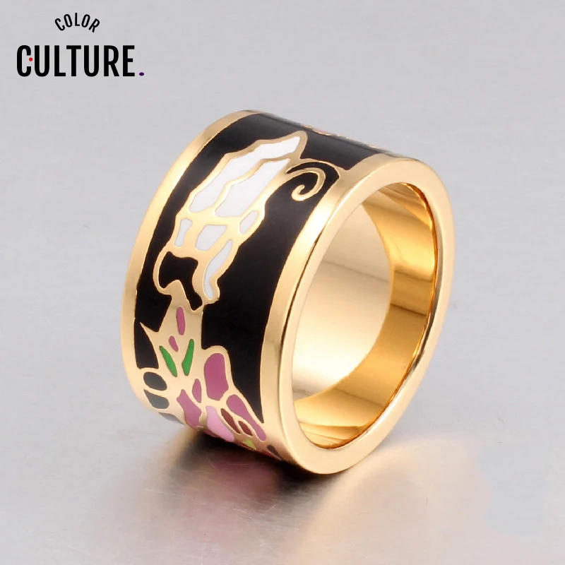 Stainless Steel Rings for Women Fashion Pretty Charm Big Enamel Rings 1.3cm Ethnic Vintage Style