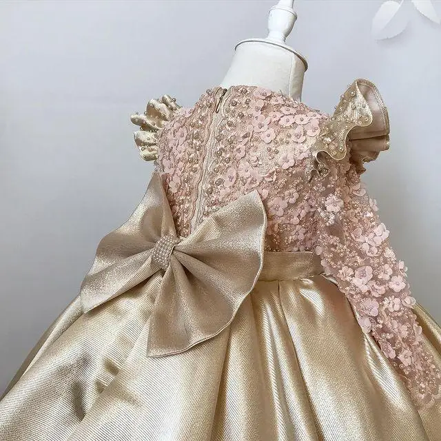 2021 Gold Lace Flower Girl Dresses Ball Gown Long Sleeve Satin Little Kids Birthday Pageant Wedding Gowns