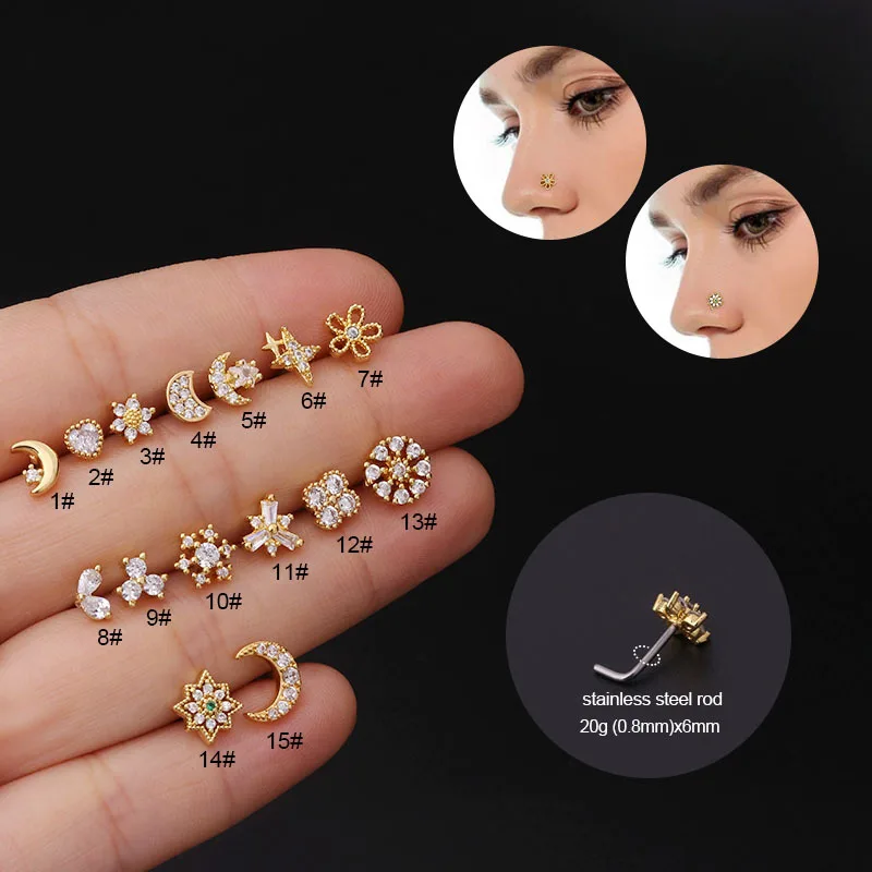 1PC Stainless Steel L Shape Nose Stud Pack 20G Crystal Moon Star Flower Stud Nose Ring Set Nose Stud Piercing Nariz Pin