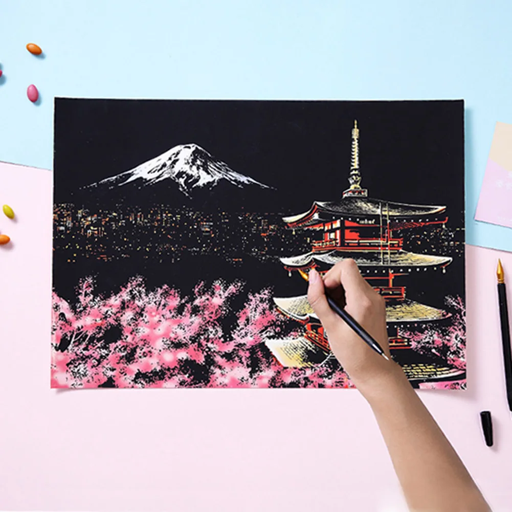 Fuji Mountain Amusement Park Bridge Scratch Art Painting Board Paper Kid Toy Scratch Art Painting Paper perfect gifts