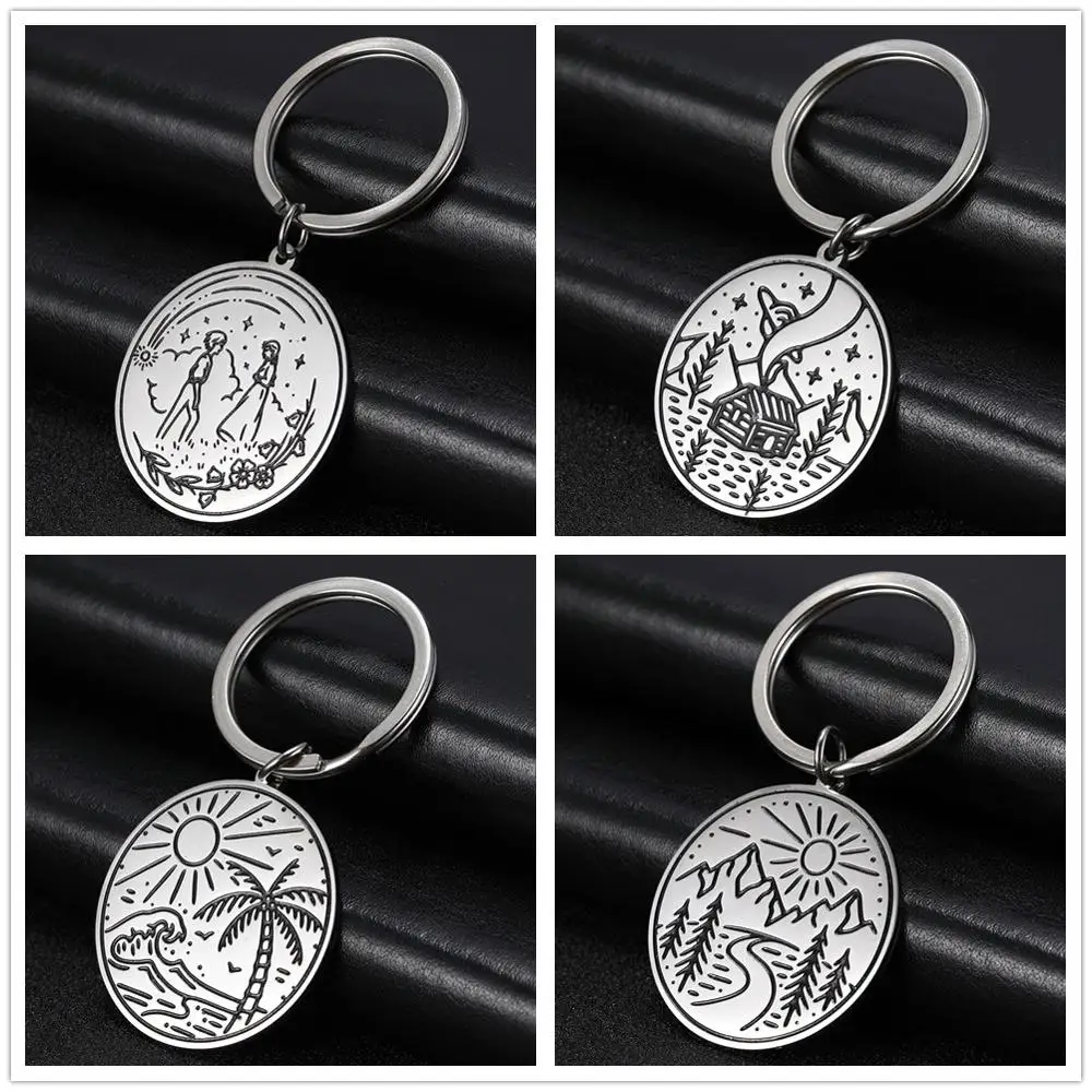 Teamer Scenery Landscape Key Chain Finder Stainless Steel Lover Sea Mountain Charm Keyring Holder Keychains Pendant for to Bag