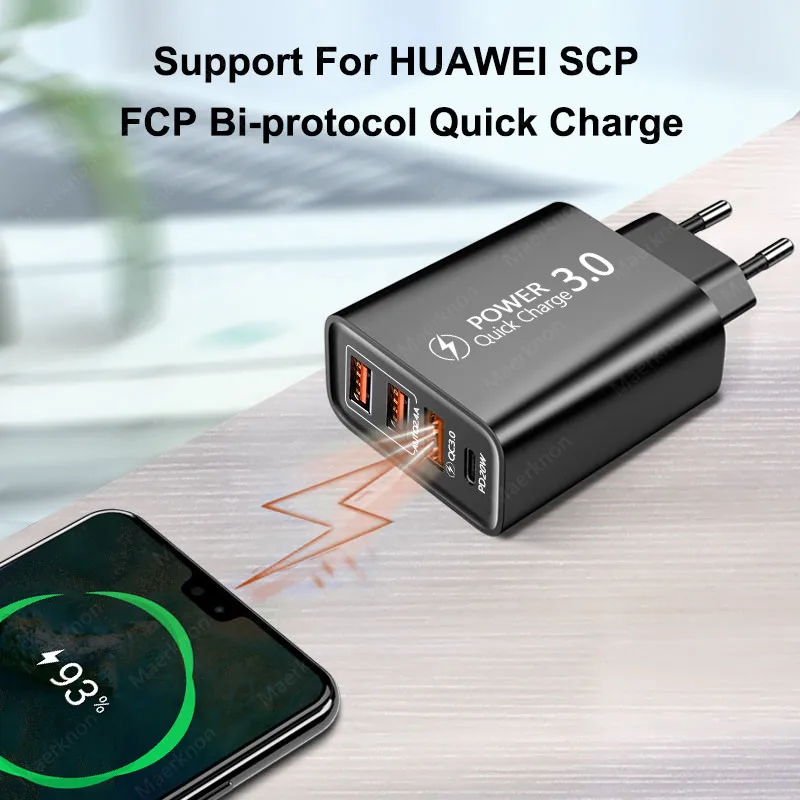 USB C 타입 미니 고속 충전 3.0, PD 30W, 4 포트 QC3.0 고속 충전기, 아이폰 12 삼성 샤오미 휴대폰 충전기