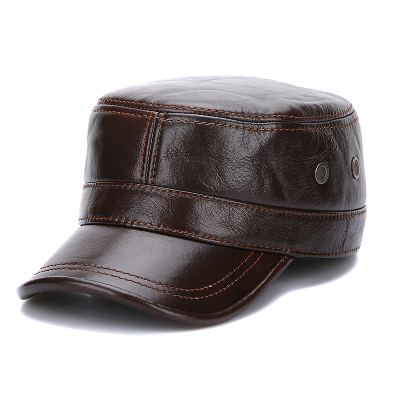 Free Shipping Genuine Cow Leather Hat Nature Real Leather Cap Fashion Men 2020 new high quality Military Hat