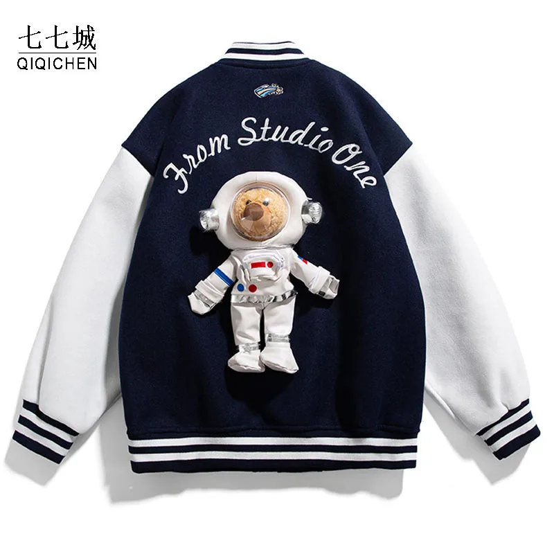 

Bomber Jacket Men Women Teddy Astronaut Doll Autumn Patchwork Oversize Baseball Jacket Unisex Varsity Campus Casual Coat 2021