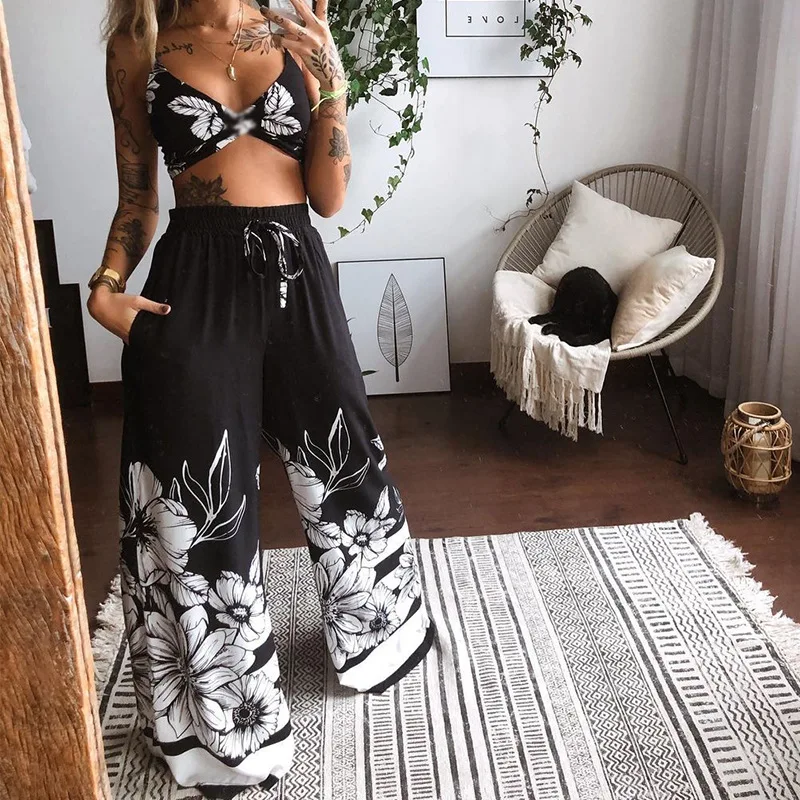 Conjunto de roupa íntima feminina, duas peças, moda praia, estilo boho, estampa, roupa íntima, calças de pernas largas, com estampa floral, conjuntos de agasalho de verão 2021