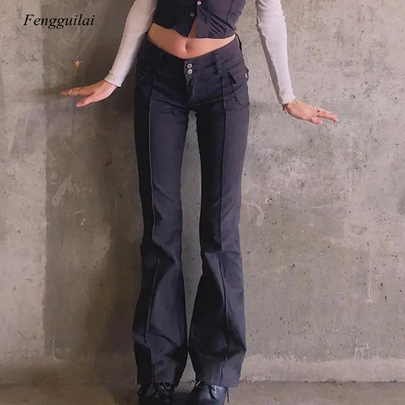 2021 Slim Low Waist Flare Pants E-Girl Vintage Pockets Solid Pants Autumn 90S Fashion Black Trousers