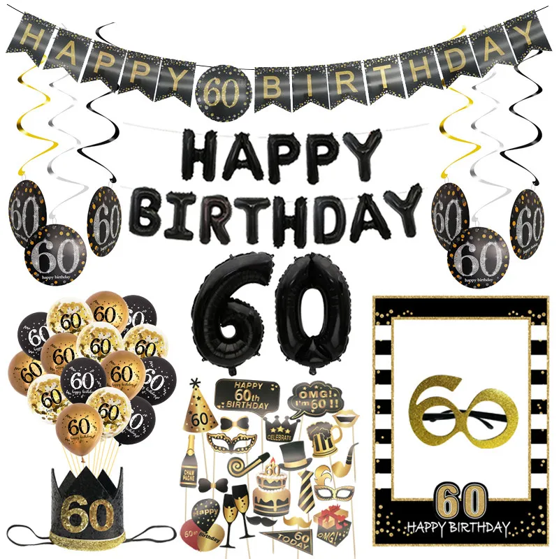 60 Year Birthday Party Photo Booth Props Banner Number Balloons Crown Headband Glasses Adult Men Women 60th Birthday Supplies