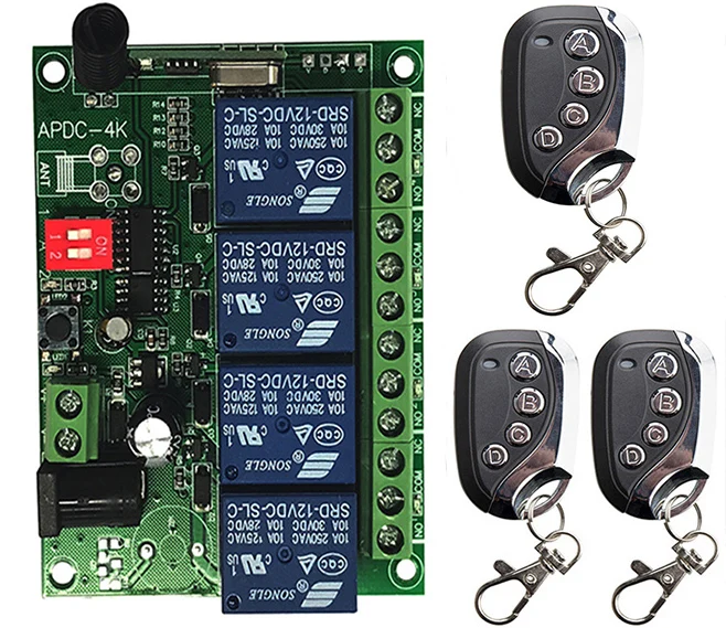 433MHz Universal Wireless Remote Control DC 12V 24V 4CH 4Channel Relay Receiver Module RF Switch 4 Button Remote Control Garage
