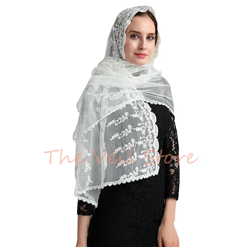 Mantilla Veils for Church Rectangle Long Cotton Embroidered Lace Women Head Covering Chapel Catholic Ivory Floral Wraps Mass