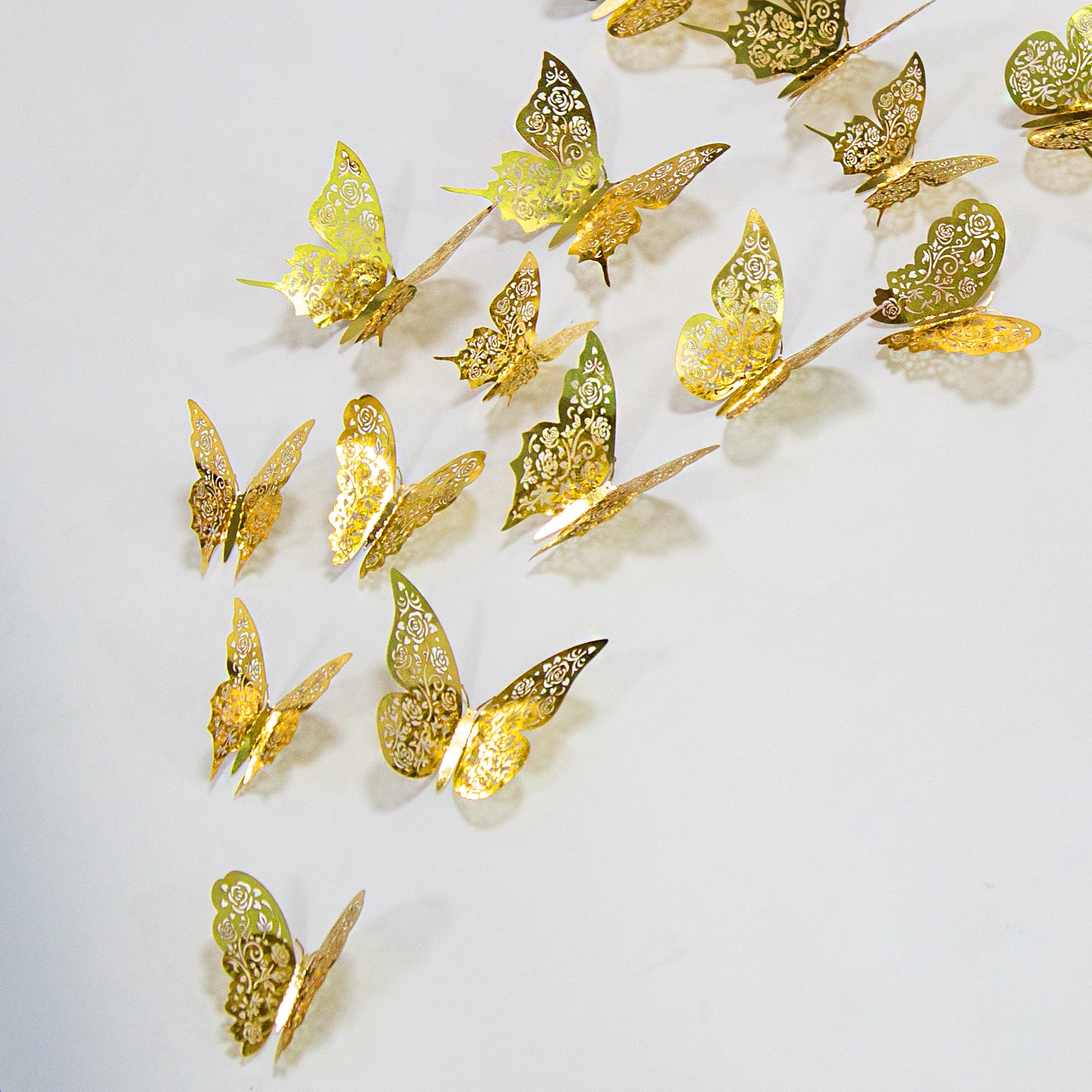 12Pcs 3D Mirror Gold Hollow Rose Flower Pattern Butterfly Wall Sticker Living Home Decoration Wedding Butterflies Decal Stickers