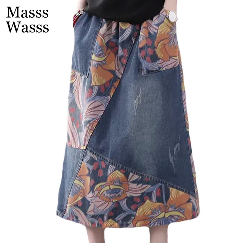 Masss Wasss 2022 New Fashion Spring Ladies Blue Denim Skirts Womens Vintage Printed Patchwork Skirt Casual Loose Elastic Clothes