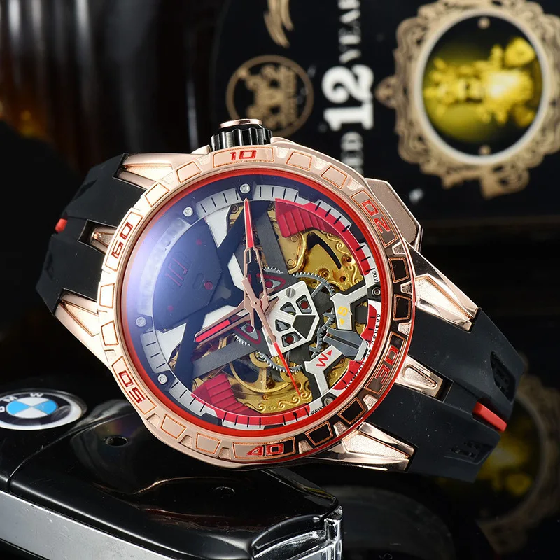 

New Fashion Men Automatic Mechanical Watch Rose Gold Case Hollow Movement Black Silicone Strap Male Watches Relogio Masculino