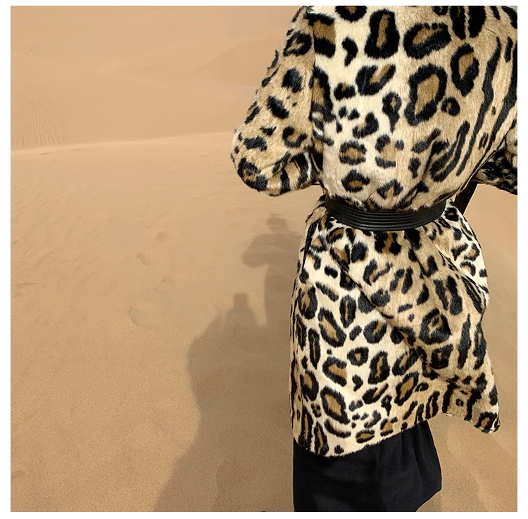 Lautaro Winter Long Leopard Print Warm Fluffy Faux Fur Trench Coat for Women Long Sleeve Double Breasted European Fashion 2021