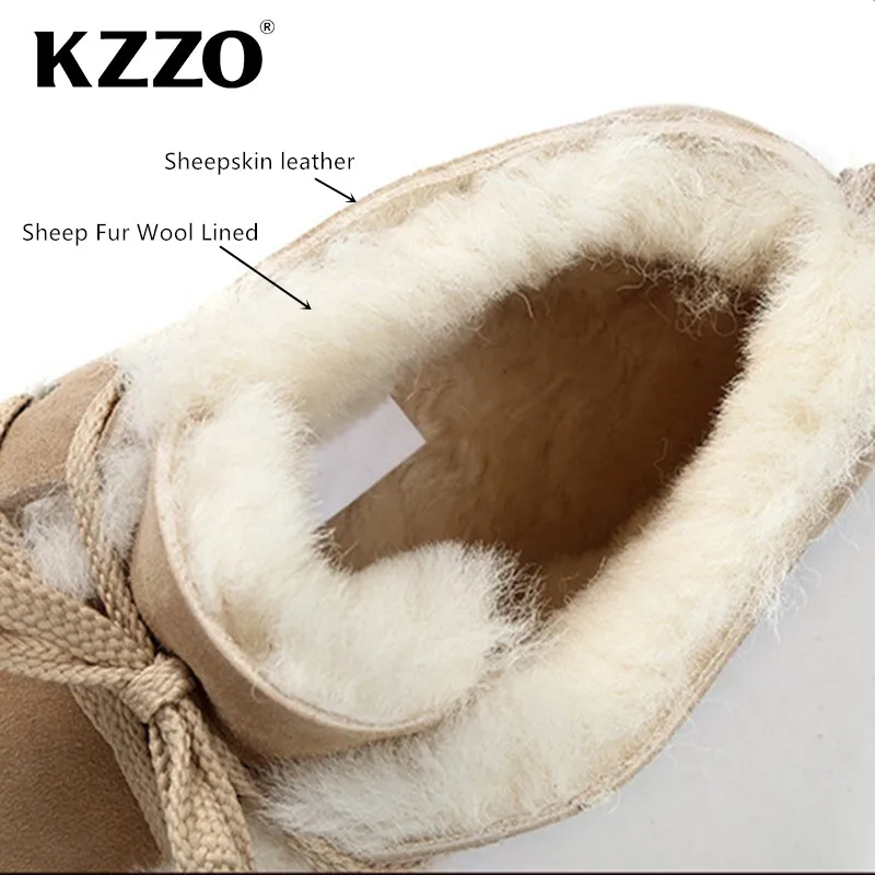 KZZO Australian Classic Sheepskin Leather Snow Boots For Women Natural Wool Fur Lined Ankle Winter Warm Shoes Casual Flat Boots