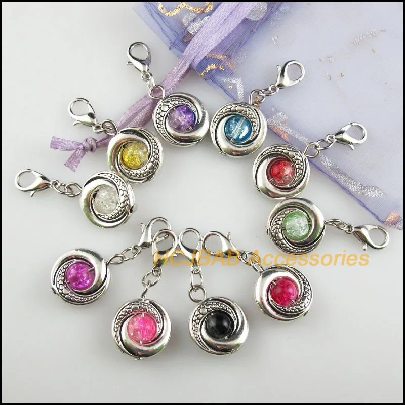 10 New Circle 15x19mm Charms Mixed Shivering Glass Tibetan Silver Plated Retro With Lobster Claw Clasps