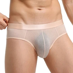 Super Soft Comfortable Underwear Ice Silk Sheer Transparent Mesh Men's Briefs Printed Shorts Sexy Exotic Low-Waist Underpants