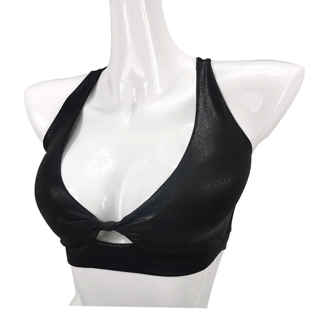 Hope&Win Sexy Women Pole Dance Clothing Racer Back Crop Top Match Hot Shorts Shiny Metallic Black Clubwear