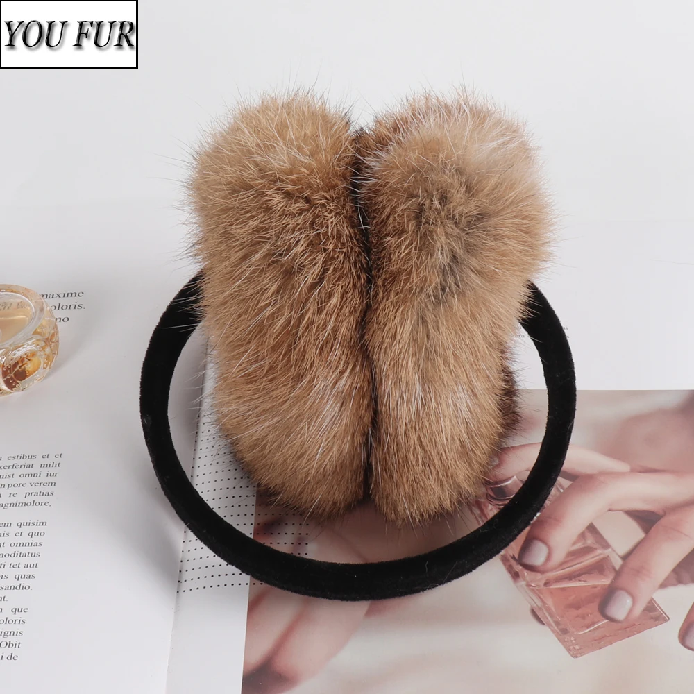 

Russian Women Winter Fluffy Genuine Rabbit Fur Earmuffs Ladies Warm Natural Rabbit Fur Earflaps Female Outdoor Real Fur Earmuff