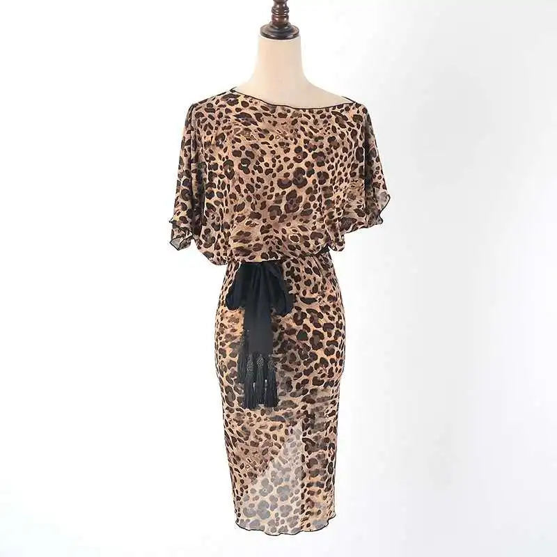 

leopard print latin dress salsa dress cha cha dress samba dress with belt latin praticewear W2016