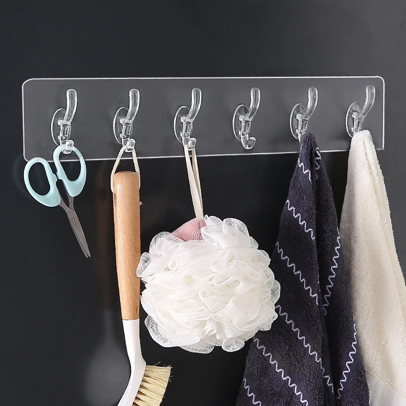 3/5/6 Rows Hanger Nail-Free Wall Hooks Invisible Adhesive Sticker Wall Hanging Strong Home Decor Transparent Sticky Hook Storage