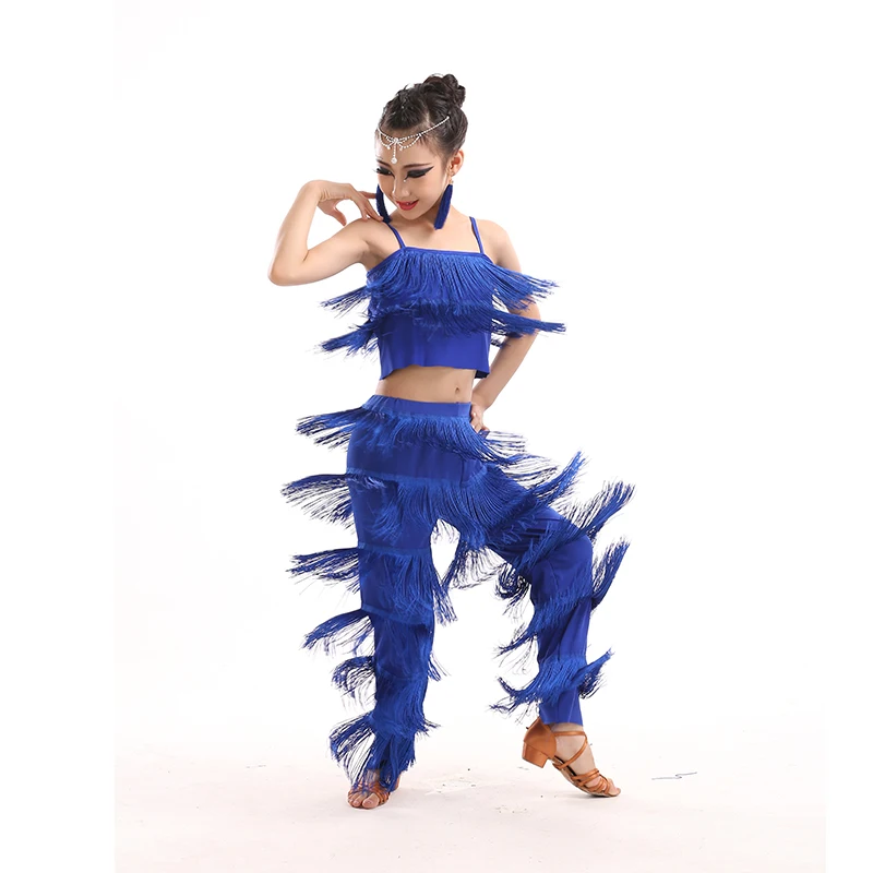 Kids Latin Dance Costumes Ballroom Plus Size Fringe Tassel Dress Pants Girls Sequin Salsa Samba Children Stage Outfits Costume