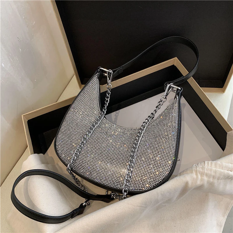 Women Diamond Hobo-Bag For 2021 Female Chain Clutch Design Brand Luxury Shoulder Bags Handbag Shiny Hobo-Bag Messenger Bag