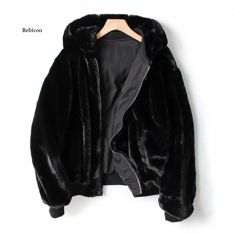 Winter Reversible Hooded Jacket Faux Fur Fleece For Winter Womens Tops Bomber Jackets Coats Black Outwear With Long Sleeve