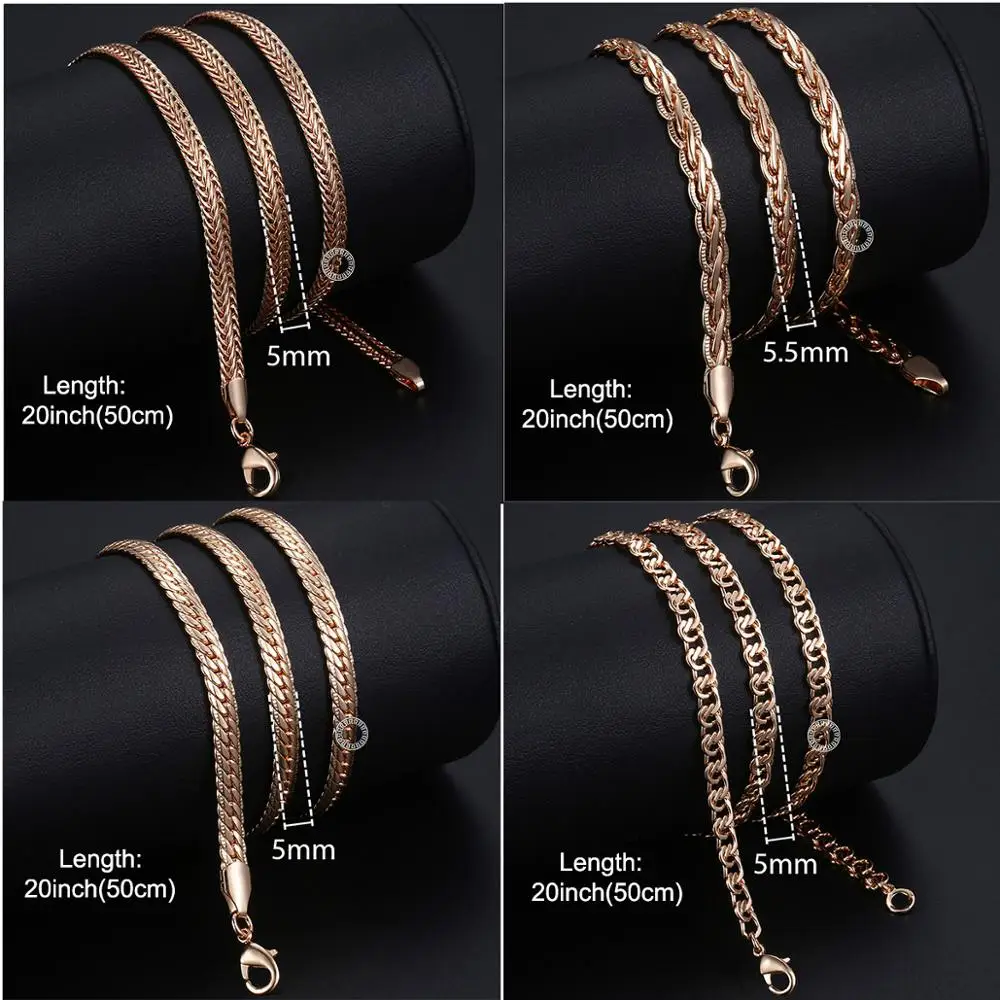 7Pcs/Lot Womens Necklaces 585 Rose Gold Color Braided Foxtail Hammered Wheat Cuban Weaving Bismark Link Chain Wholesale LCNN1A