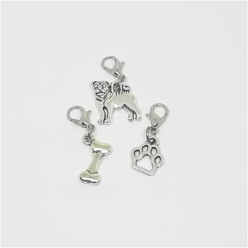 3 Pcs in set  Antique Silver Color Cute Pug and Dog Bone Clip Animal Clip Jewelry Charm Bracelet Dog Paw Clip on Pendant