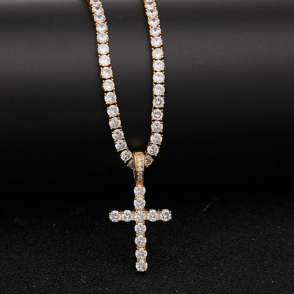 DOREMI  4mm Tennis Chain Zircon Tennis Cross Necklaces & Pendant For Men/Women Gold Silver Color Fashion Hip Hop Jewelry