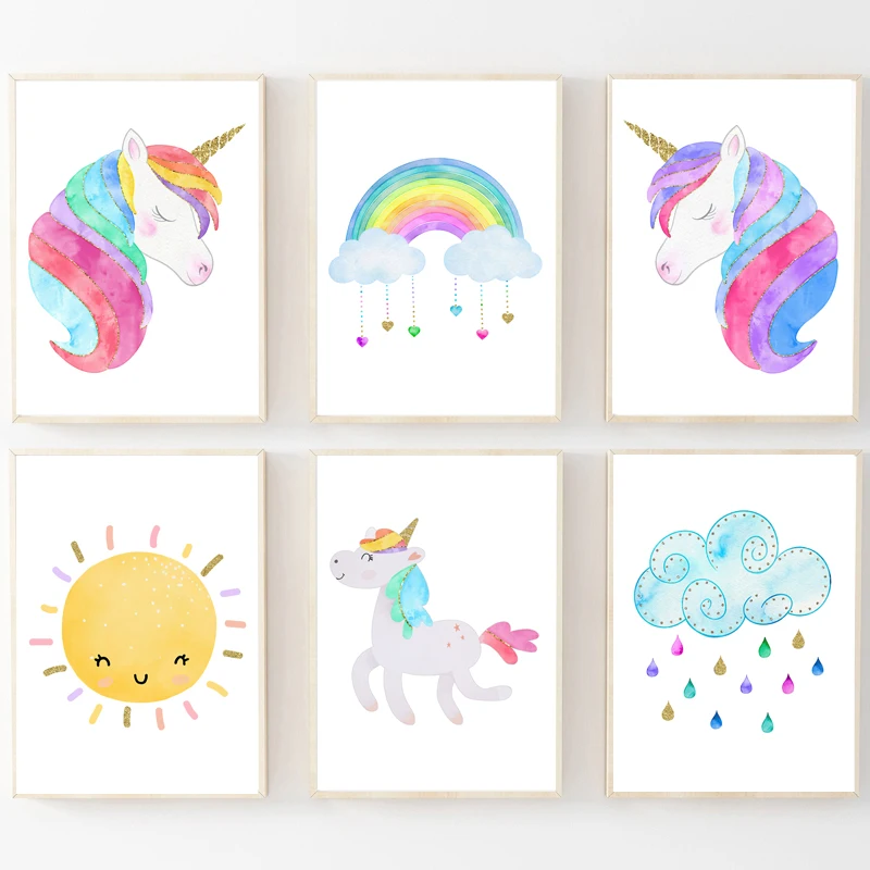 Rainbow Clouds Sun Unicorn Nursery Wall Art Canvas Painting Posters And Prints Wall Pictures Baby Kids Room Décor