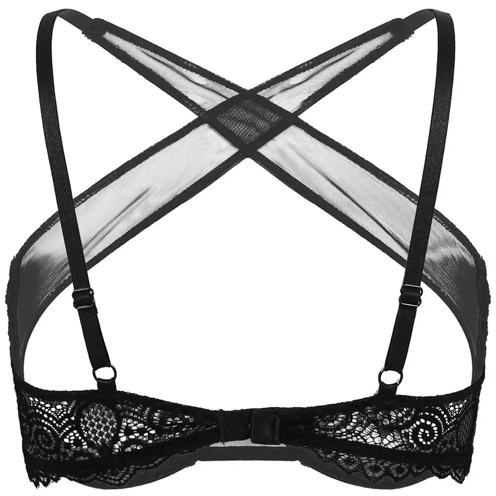 Womens See Through Sheer Mesh Braltte Lingerie Spaghetti Straps Crisscross Llace Trim Hollow Out Breast Uncderwired Cups Bra Top