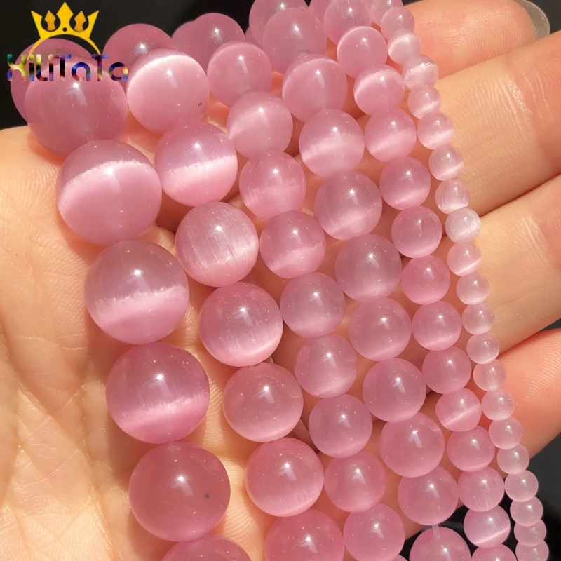 Pink Cat Eye Stone Round Beads Natural Loose Spacer Beads For Jewelry Round Opal Making DIY Bracelet 15\'\'Strands 4 6 8 10 12mm
