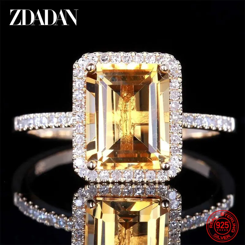 ZDADAN 925 Sterling Silver Fashion Square Gemstone Ring For Women Wedding Jewelry Gift