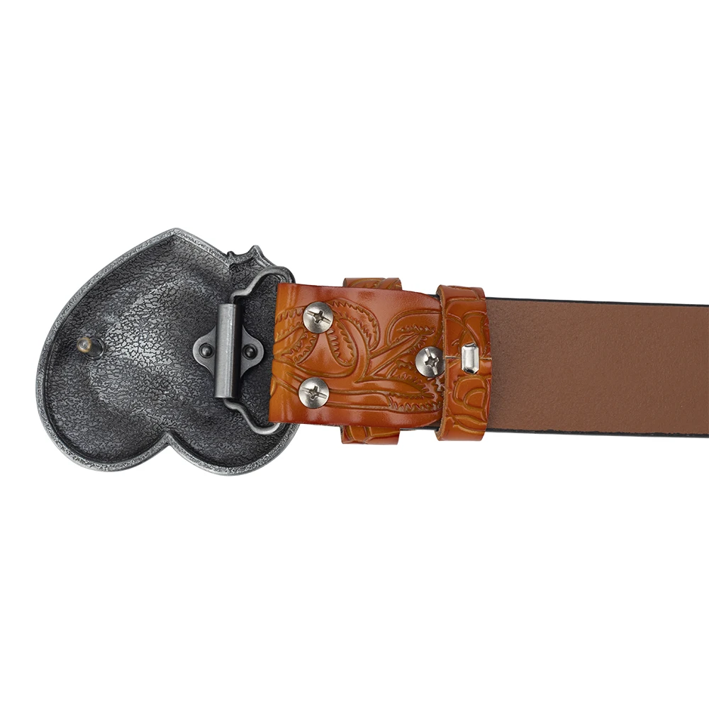 Embossed Leather Belt Flower Pattern for Women Red Heart Rose Fashion