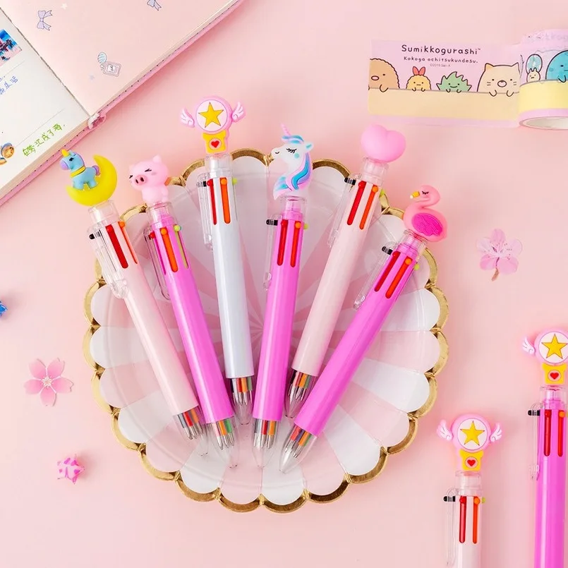 

Solid Color Pen 6 Color Hand Account Pen Color Ballpoint Pen Flamingo Unicorn Cartoon Head Color Ballpoint Pen Wholesale